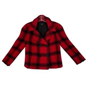 Talbots Plaid Wool Alpaca Blend Coat Double Breasted Red Black Size 8 Modern